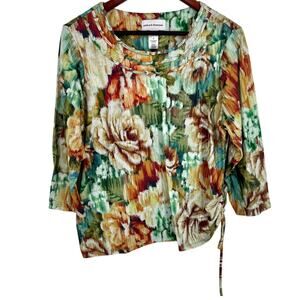 Alfred Dunner Sz Medium Brown Green Floral Fall Harvest Winter Blouse Shirt Top